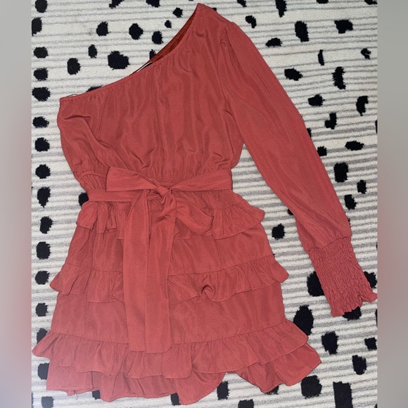 One Shoulder Orange Ruffle Dress Size Small - Picture 2 of 4